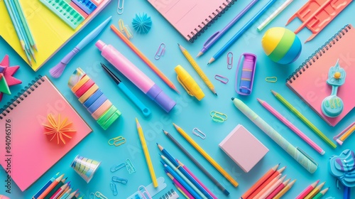Assortment of colorful school supplies arranged on a light blue background for creative projects