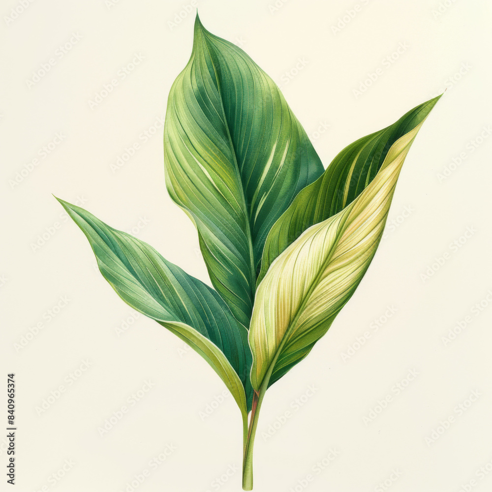 three green leaves on a white background, highlighting botanical art and natural design.