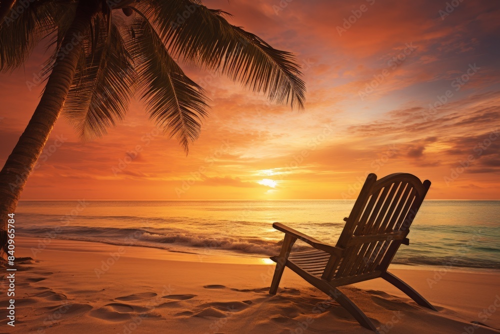 A picturesque sunset over a serene tropical beach with a palm tree and wooden chair, perfect for relaxation and enjoying nature's beauty.
