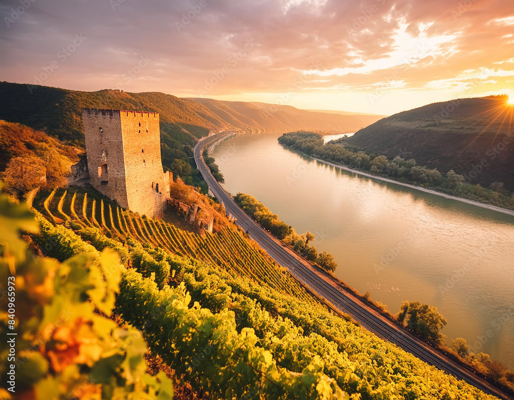 Dramatic view of the serpentine Danube River with vineyards lining the shore and the ruins of an old fort at sunset.