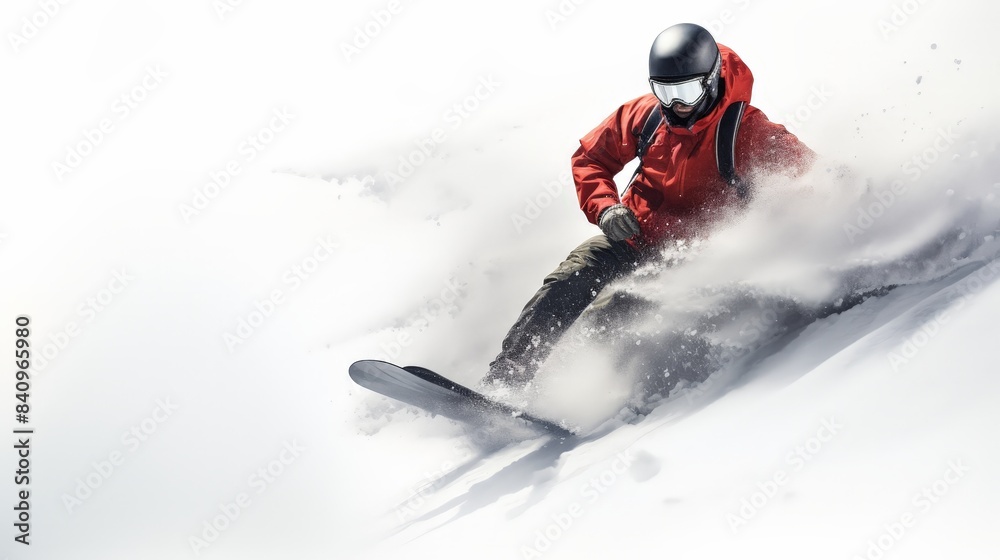 A snowboarder in a red jacket and helmet rides through fresh powder snow on a mountainside, showcasing extreme winter sports action. A snowboarder in a red jacket and helmet rides through fresh powder snow on a mountainside, showcasing extreme winter sports action.