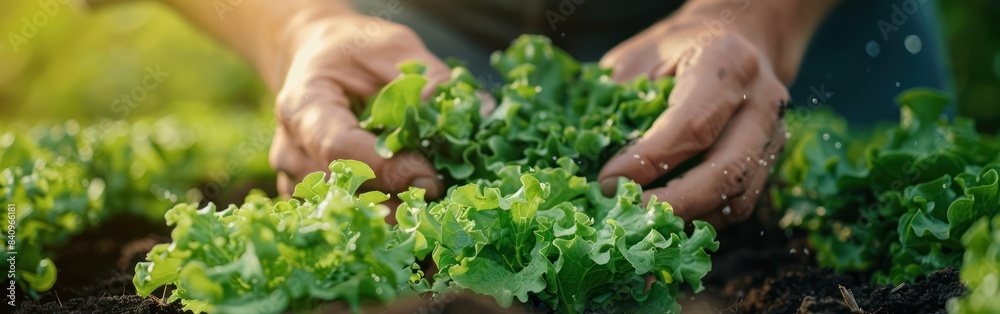 Farmer's Hands Harvesting Lettuce Salad in Agriculture Field - Close Up Vegetable Harvest Background Farmer's Hands Harvesting Lettuce Salad in Agriculture Field - Close Up Vegetable Harvest Background