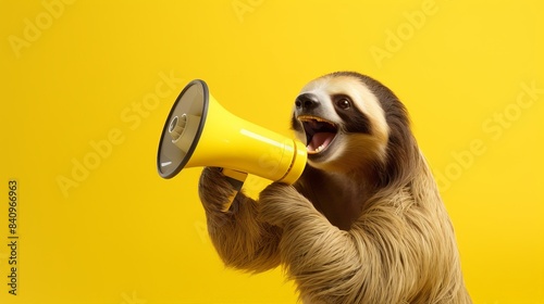 Adorable sloth holding a yellow megaphone against a bright yellow background, expressing excitement and energy in a fun and unique way.