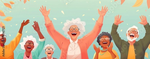 Group of seniors in a laughter yoga session, Joy and health, Illustration, Playful and colorful