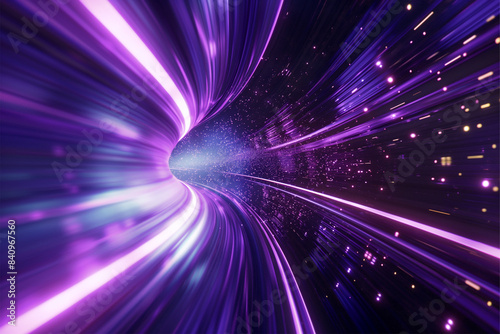 Blue purple light line through dark background, hyper speed warp in space