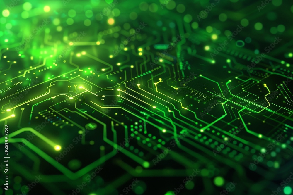 Close-up of a green computer circuit board with glowing pathways and intricate design patterns representing technology and innovation.