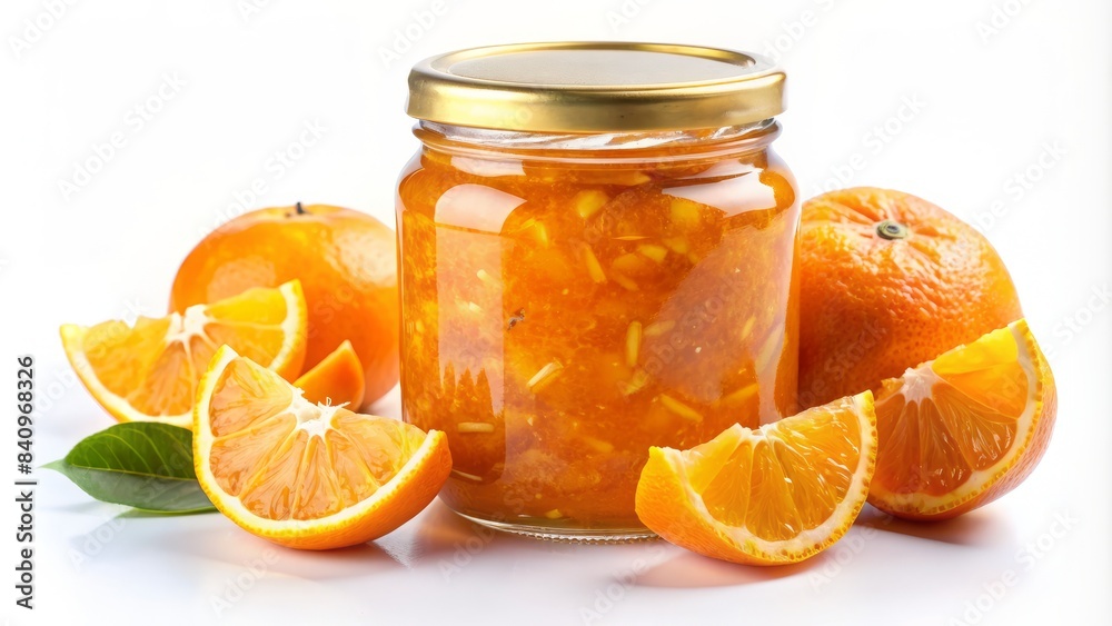 A jar of orange jam sits on a table with two oranges A jar of orange jam sits on a table with two oranges