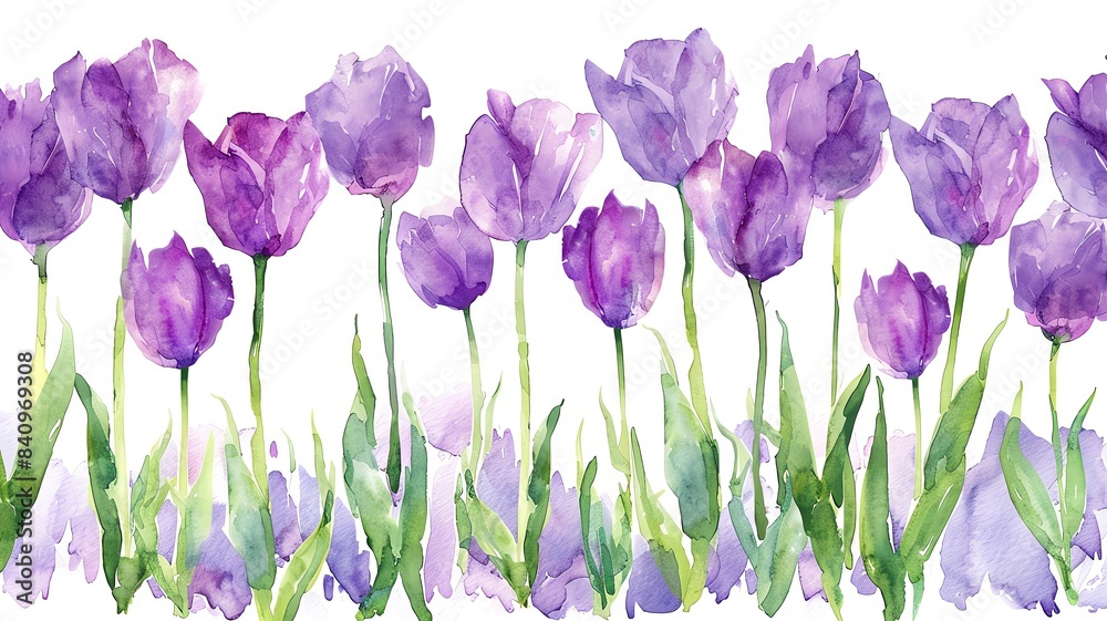 A vibrant watercolor background featuring clusters of purple tulips scattered across a white canvas A vibrant watercolor background featuring clusters of purple tulips scattered across a white canvas