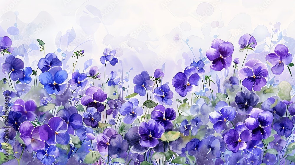 A whimsical watercolor clipart of a field of purple violets