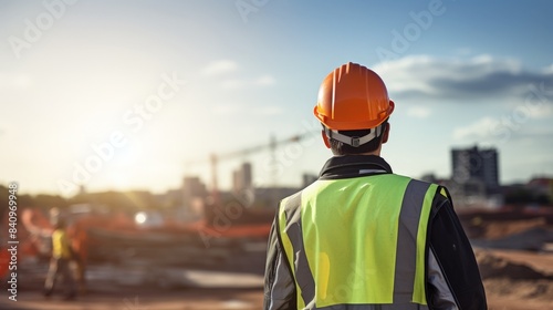 Construction worker in a safety vest and hard hat observing an urban construction site at sunset with cranes and buildings in the background. photo