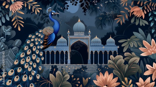 Mughal garden with peacock bird arch illustration for invitation photo