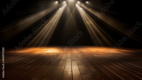 Dramatic stage lit by spotlights, showcasing an empty wooden floor with a dark background, perfect for theater or performance themes. photo