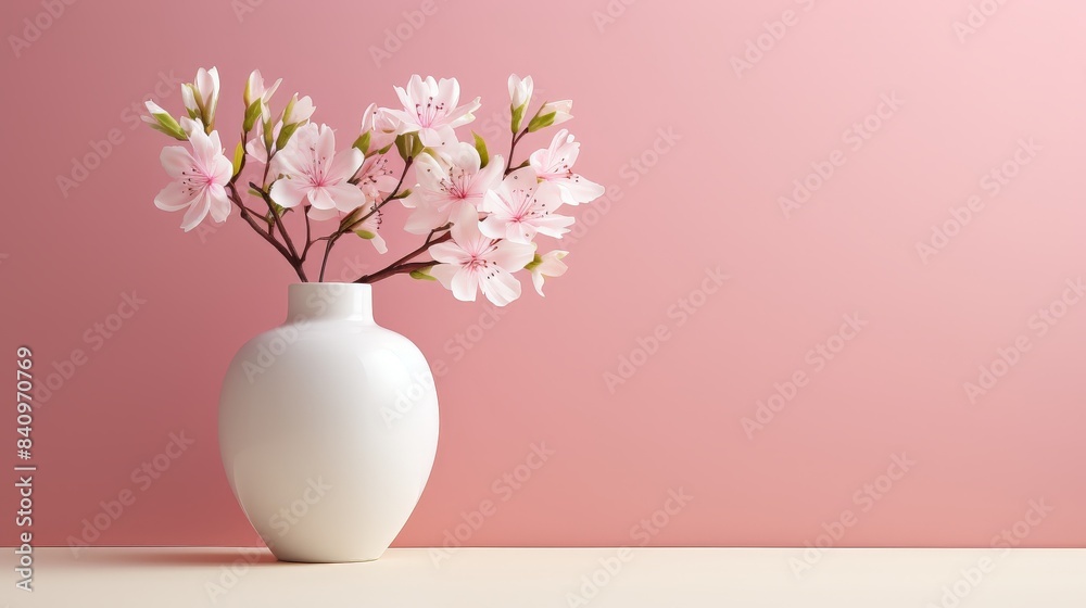 Elegant white vase with delicate pink cherry blossoms against a soft pink backdrop, creating a serene and sophisticated still life scene. Elegant white vase with delicate pink cherry blossoms against a soft pink backdrop, creating a serene and sophisticated still life scene.