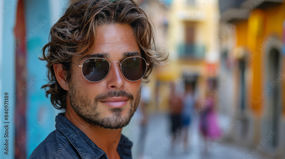 a young man wearing super cool sunglasses in th summer on the streets created with Generative AI technology a young man wearing super cool sunglasses in th summer on the streets created with Generative AI technology