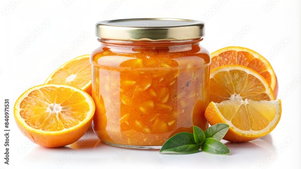 A jar of orange jam is on a table with oranges and leaves A jar of orange jam is on a table with oranges and leaves