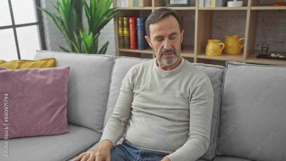 Displeased middle-aged man, a picture of skepticism at home. sporting a sweater, crossed arms, and a negative facial expression. Displeased middle-aged man, a picture of skepticism at home. sporting a sweater, crossed arms, and a negative facial expression.