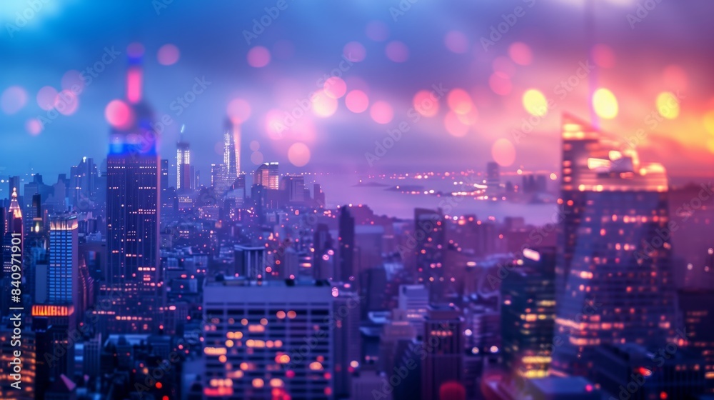 Fototapeta premium As twilight upon the cityscape, soft focus lights paint a dreamy glow across the skyline, transforming the urban landscape into a mesmerizing tapestry of hues