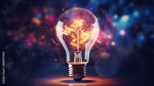 Glowing lightbulb with dynamic energy and colorful bokeh background. Symbol of ideas, creativity, and innovation.