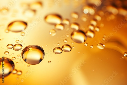 Golden oil droplets on a smooth surface, creating a beautiful abstract pattern. Perfect for backgrounds, designs, and presentations.