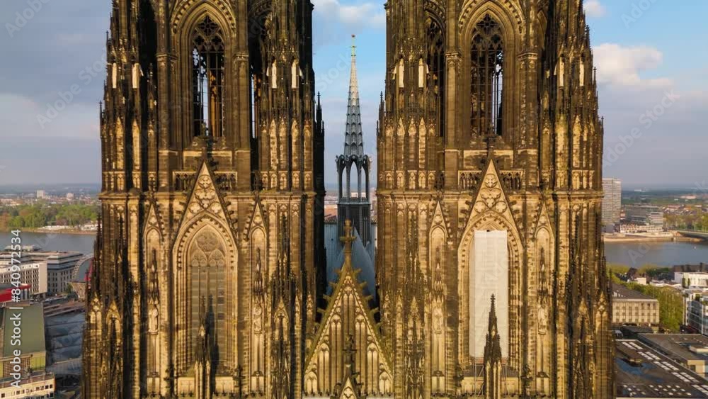 Koelner Dom Cologne Germany drone aerial backwards reveal sunny day