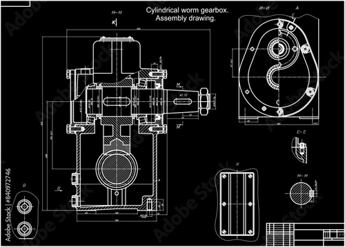 Assembly drawing of reducer (cylindrical worm gearbox).
Vector engineering cad scheme of steel mechanical device 
with shaft, gear, 
electric engine, bolted connection and dimension lines.