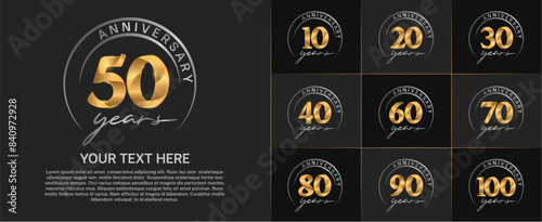 anniversary logotype set vector, gold color with silver circle for special day celebration