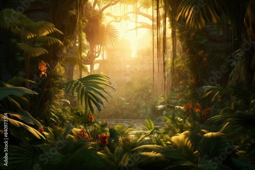 Mystical sunrise in lush tropical rainforest  lush foliage  exotic plants  sun rays filtering through dense greenery  serene nature scene.