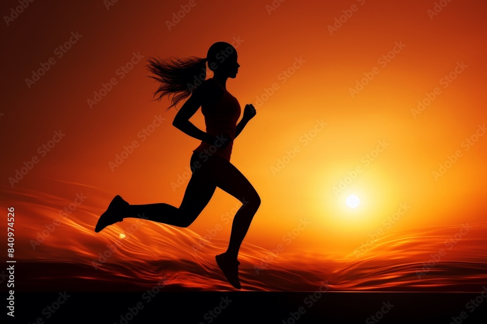 Silhouette of a woman running at sunset with a vibrant orange sky and radiant sun in the background, highlighting her determined athletic form. Silhouette of a woman running at sunset with a vibrant orange sky and radiant sun in the background, highlighting her determined athletic form.