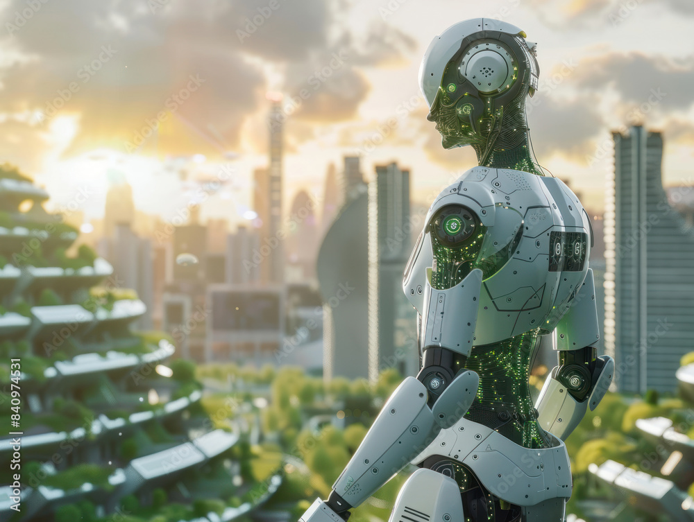 Robot observing a green futuristic city Robot observing a green futuristic city