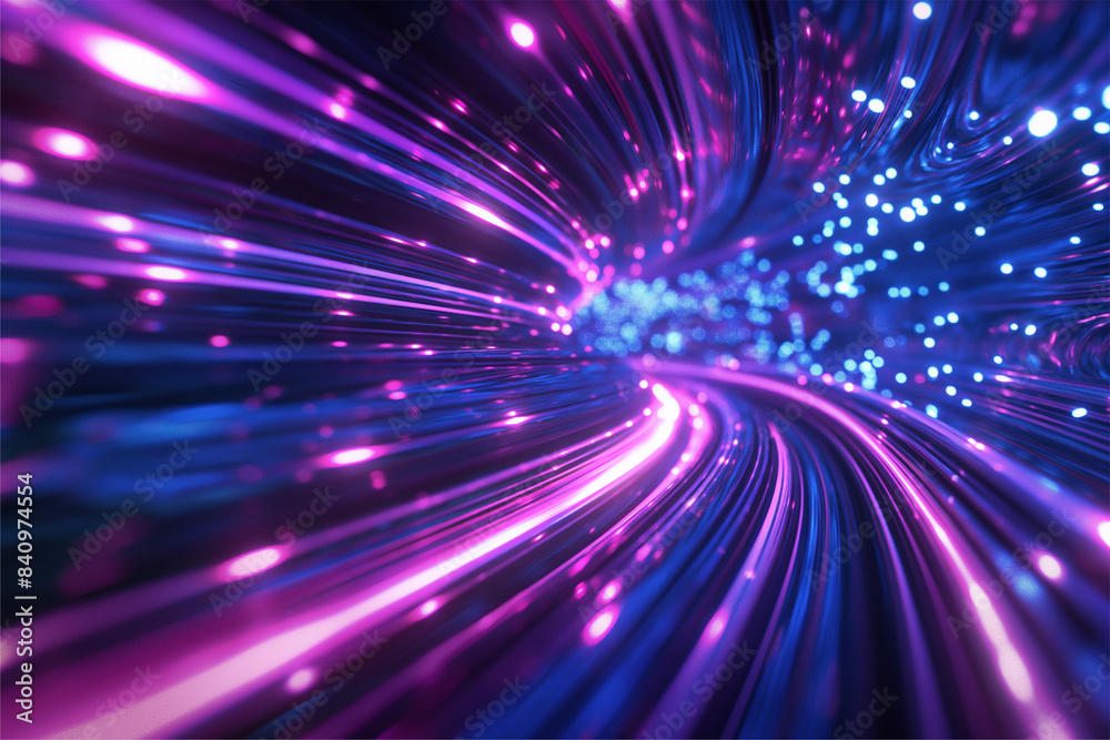 Fototapeta premium Blue purple light line through dark background, hyper speed warp in space