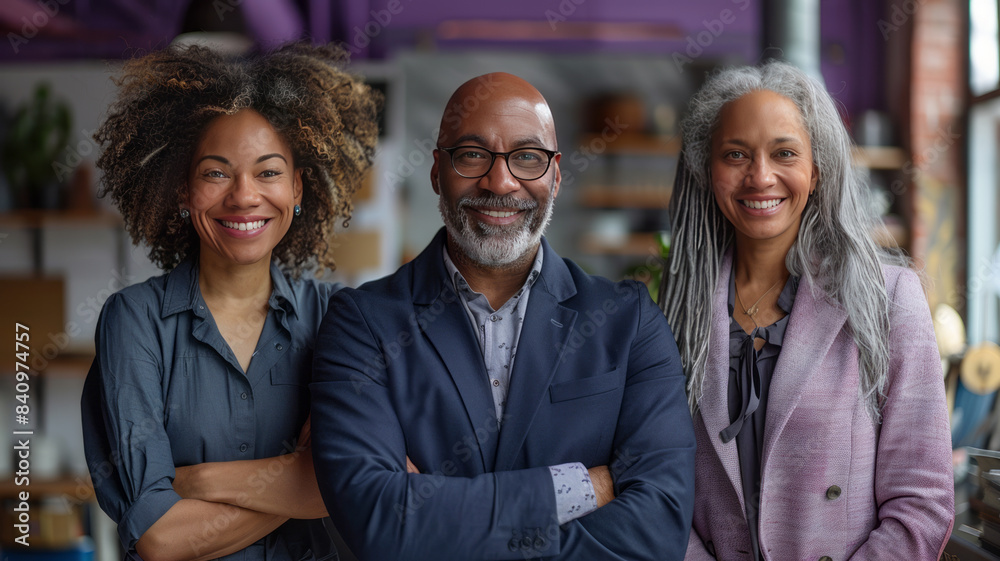 Diverse business trio smiling: bald man in navy suit, woman in apron, and gray-haired woman in lilac jacket on purple background.generative ai Diverse business trio smiling: bald man in navy suit, woman in apron, and gray-haired woman in lilac jacket on purple background.generative ai
