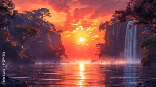 a beautiful landscape, waterfal and trees, sunset colors, vectorial illustration generative ai photo