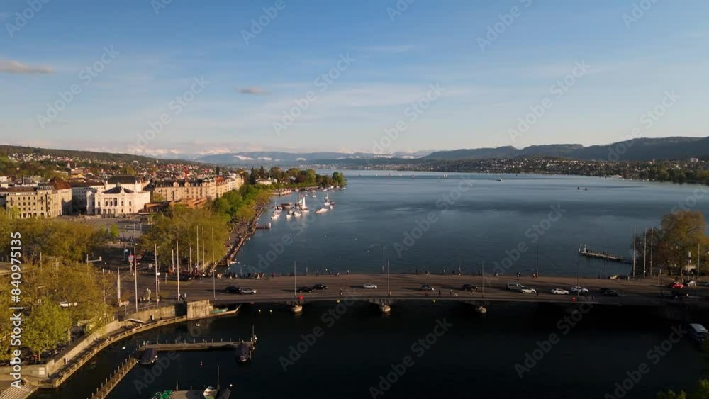 Zurich Switzerland drone aereal backwards sunny day Zurich Switzerland drone aereal backwards sunny day