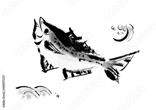 魚の鯵（アジ）の手書き和風筆イラスト素材
