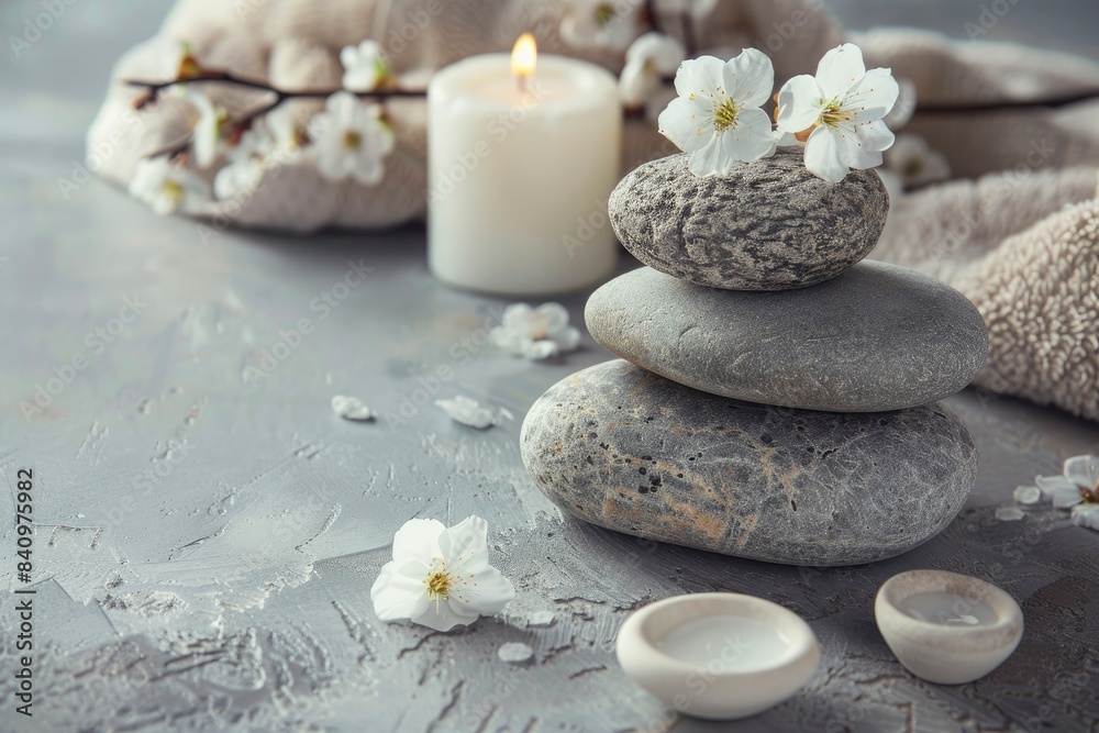 Spa still life with stacked of stone. Holiday, body care and luxury concept - generative ai Spa still life with stacked of stone. Holiday, body care and luxury concept - generative ai