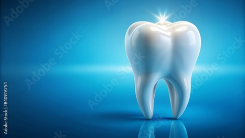 A tooth is shown in a blue background with a bright light shining on it