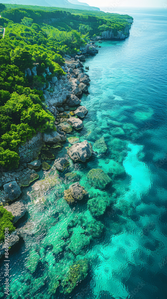 Obraz premium Create an aerial view image of a tranquil ocean shore where the clear turquoise waters created with Generative AI technology