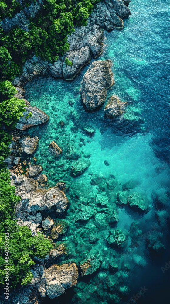 Create an aerial view image of a tranquil ocean shore where the clear turquoise waters created with Generative AI technology Create an aerial view image of a tranquil ocean shore where the clear turquoise waters created with Generative AI technology
