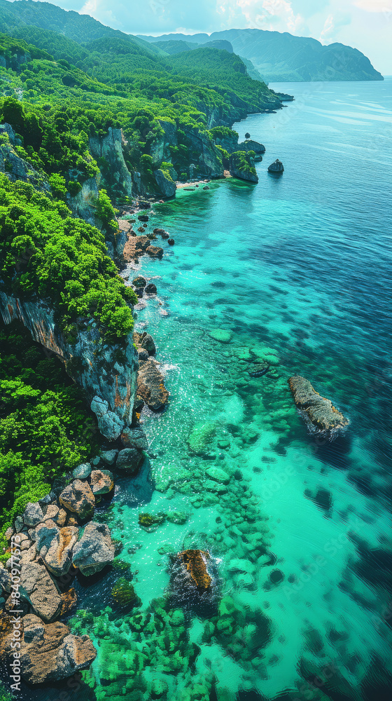 Create an aerial view image of a tranquil ocean shore where the clear turquoise waters created with Generative AI technology Create an aerial view image of a tranquil ocean shore where the clear turquoise waters created with Generative AI technology