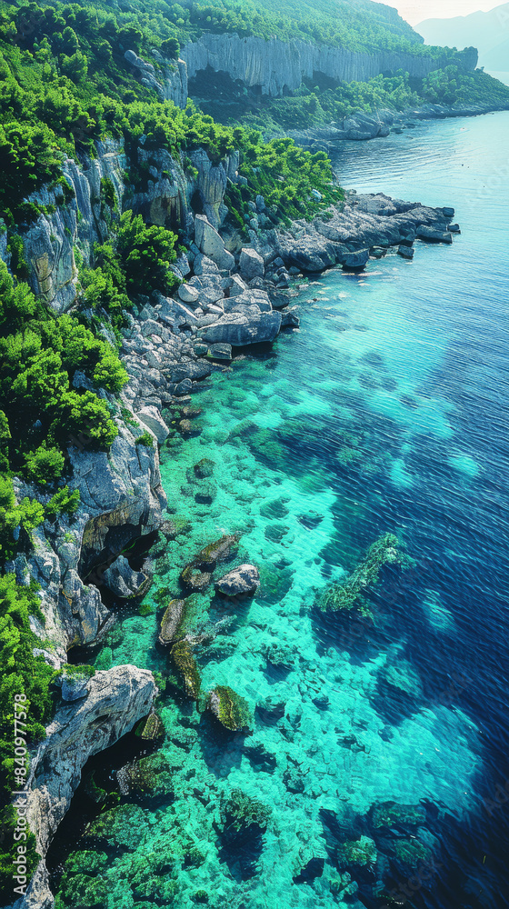 Fototapeta premium Create an aerial view image of a tranquil ocean shore where the clear turquoise waters created with Generative AI technology