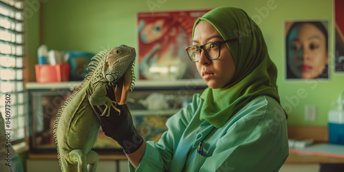 Concerned hijabi veterinarian gently holding a green iguana in a modern clinic.
 photo