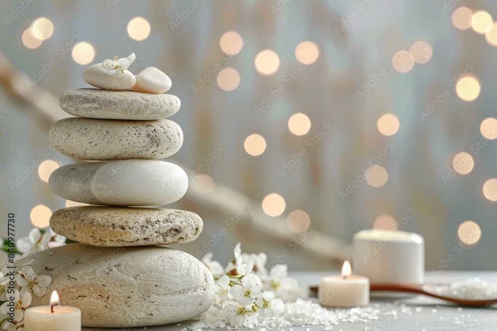 Spa still life with stacked of stone. Holiday, body care and luxury concept - generative ai Spa still life with stacked of stone. Holiday, body care and luxury concept - generative ai