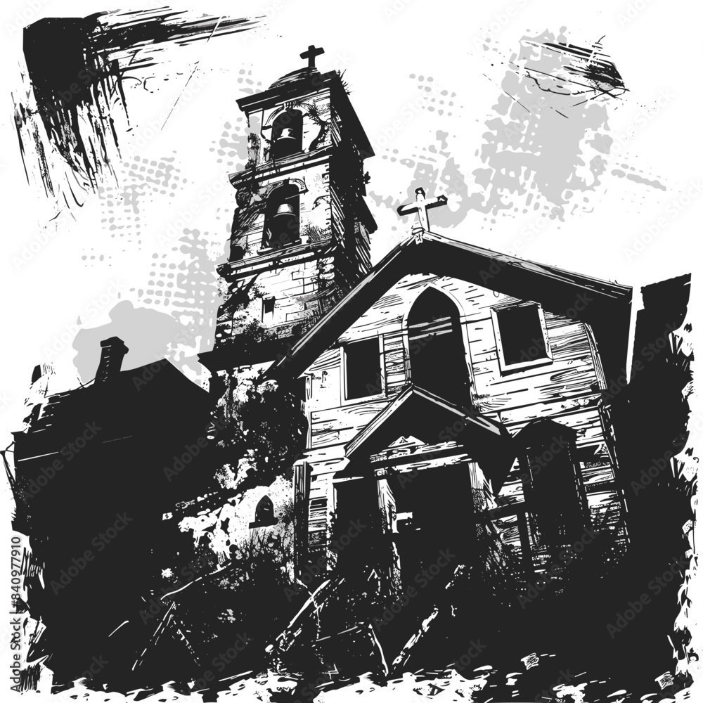 Grunge style black white illustration church building bell tower. Artistic brush strokes splatters around monochrome chapel. Historic religious architecture urban sketch form