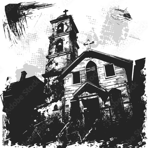 Grunge style black white illustration church building bell tower. Artistic brush strokes splatters around monochrome chapel. Historic religious architecture urban sketch form