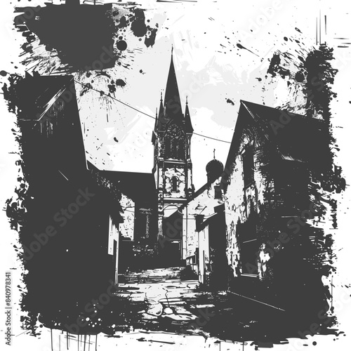 Grunge style black white illustration old European alley leading up gothic church tower. Narrow street between aged buildings under cloudy sky, suggesting historical setting. Vintage, distressed