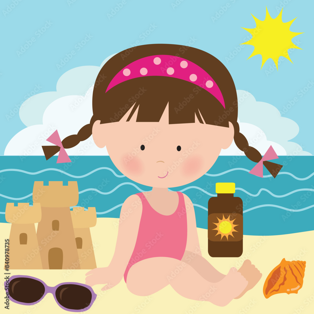 Cute little girl sitting on the beach vector cartoon illustration Stock ...