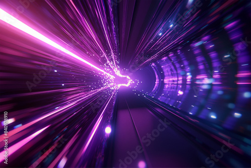 Blue purple light line through dark background, hyper speed warp in space