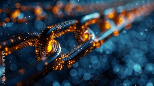 Close-up of a Metallic Chain with Digital Elements and Bokeh Background, Symbolizing Blockchain Technology and Connectivity © Sunshine