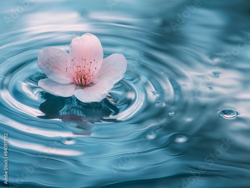 A soft pink flower floats serenely on rippling blue water  creating gentle waves and reflections