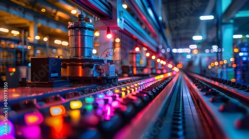 High-Tech Automated Manufacturing Line with Colorful LED Lights in a Modern Industrial Factory Setting